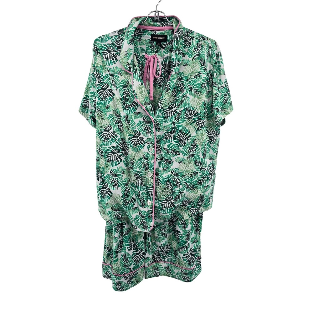 Room Service Pajama Set Womens Large Green Tropical Palm Leaf Short Sleeve Crop